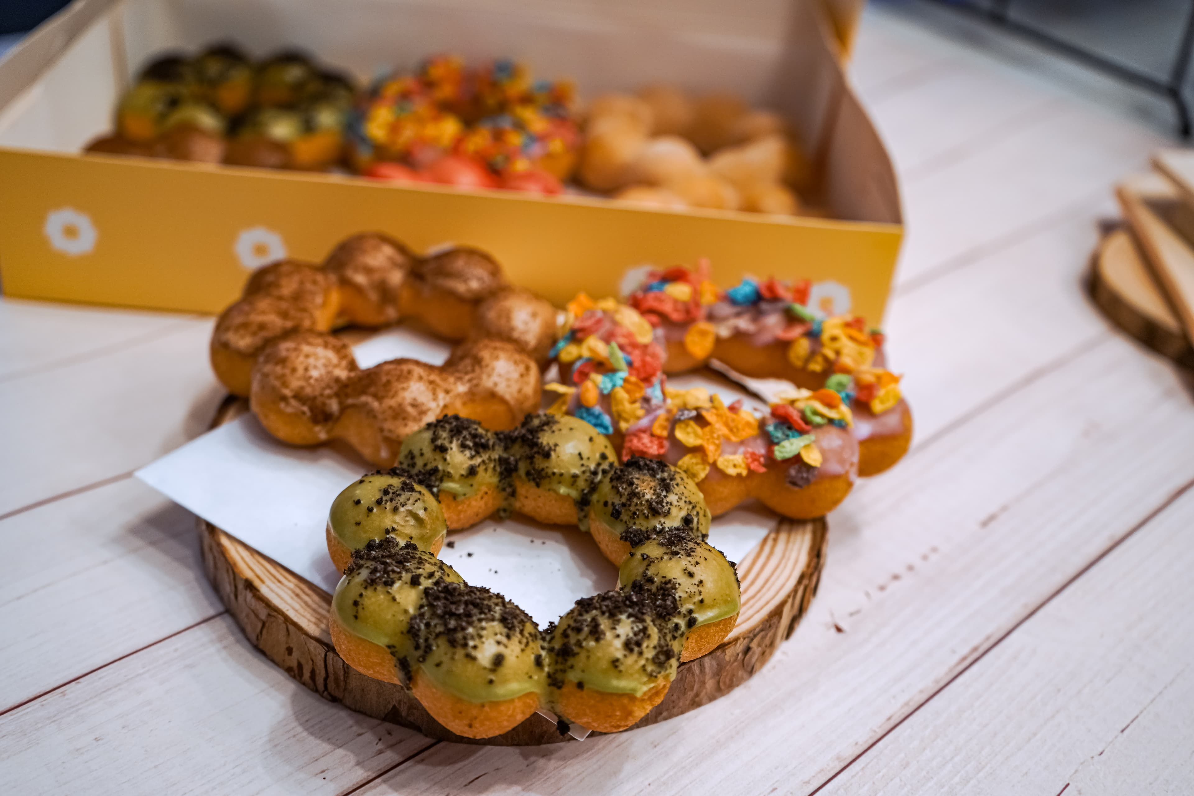 Colorful mochi donuts arranged beautifully